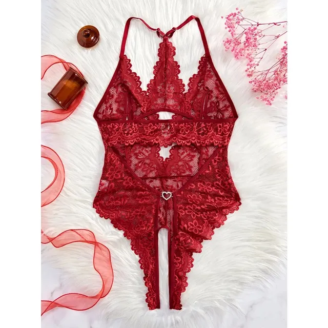 Bodysuit Ren Hoa Xẻ Ngực Sexy Gợi Cảm Đồ Ngủ Liền Th&acirc;n Hở Đũng Quyến Rũ Đ&aacute;ng Y&ecirc;u - N940 Đỏ