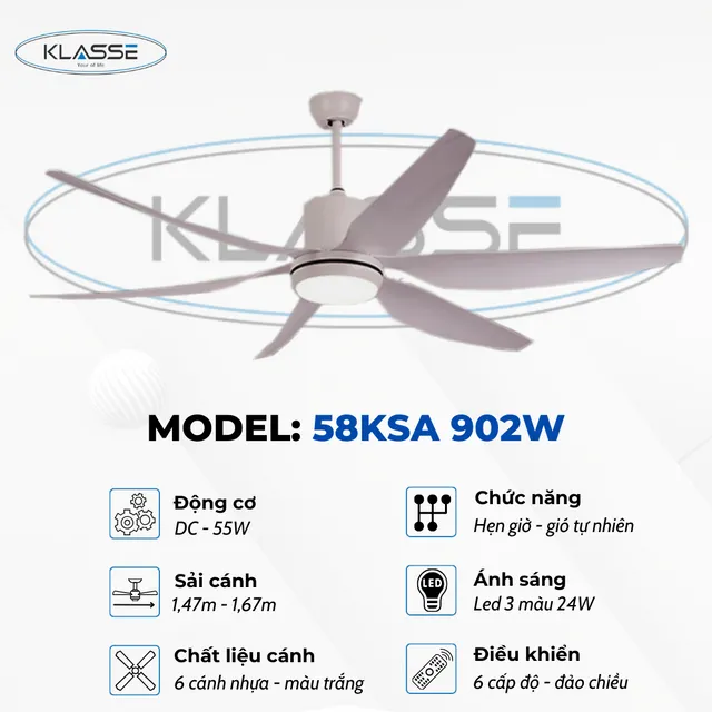 Quạt trần đ&egrave;n 6 c&aacute;nh Klasse 58KSA 902W