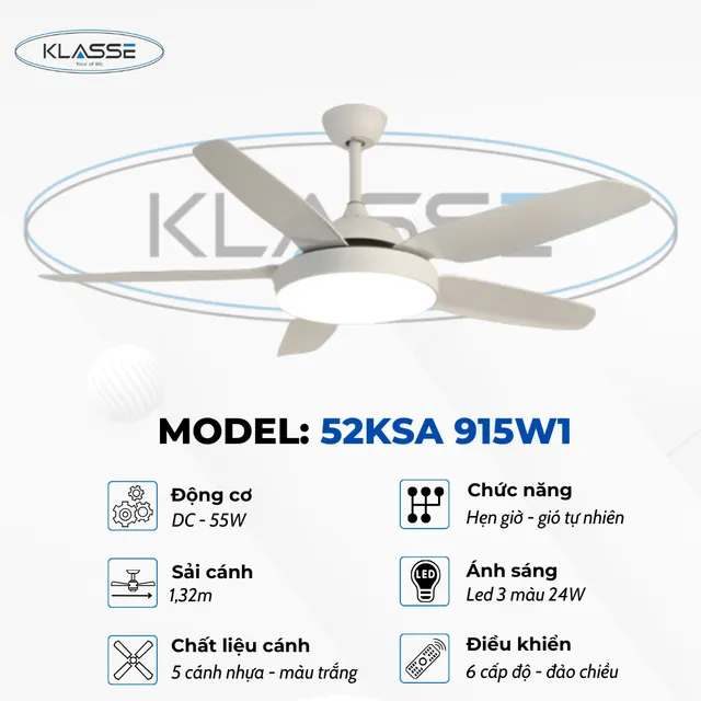 Quạt trần đ&egrave;n 5 c&aacute;nh Klasse 52KSA 915W1