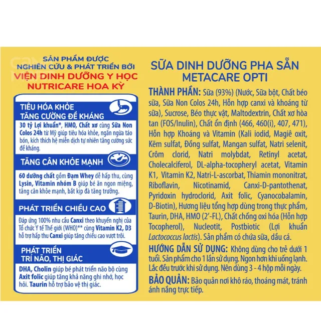 Lốc 4 hộp sữa bột pha sẵn Nutricare Metacare Opti