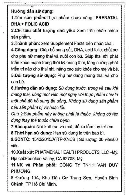 Th&agrave;nh phần Pharmekal Prenatal DHA & Folic Acid