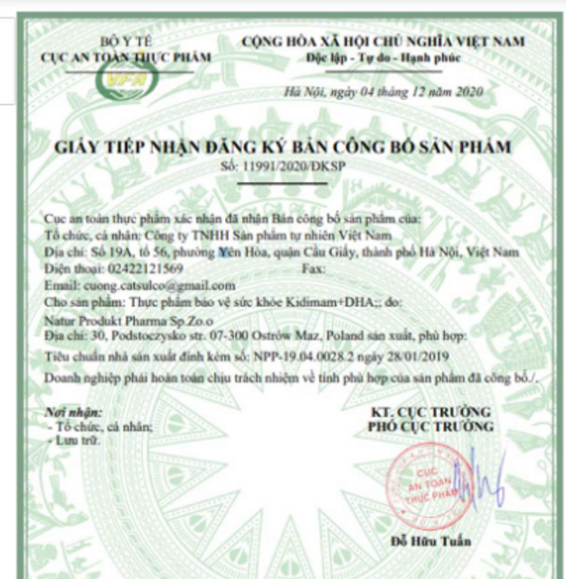 Giấy chứng nhận vi&ecirc;n uống Kidimam DHA