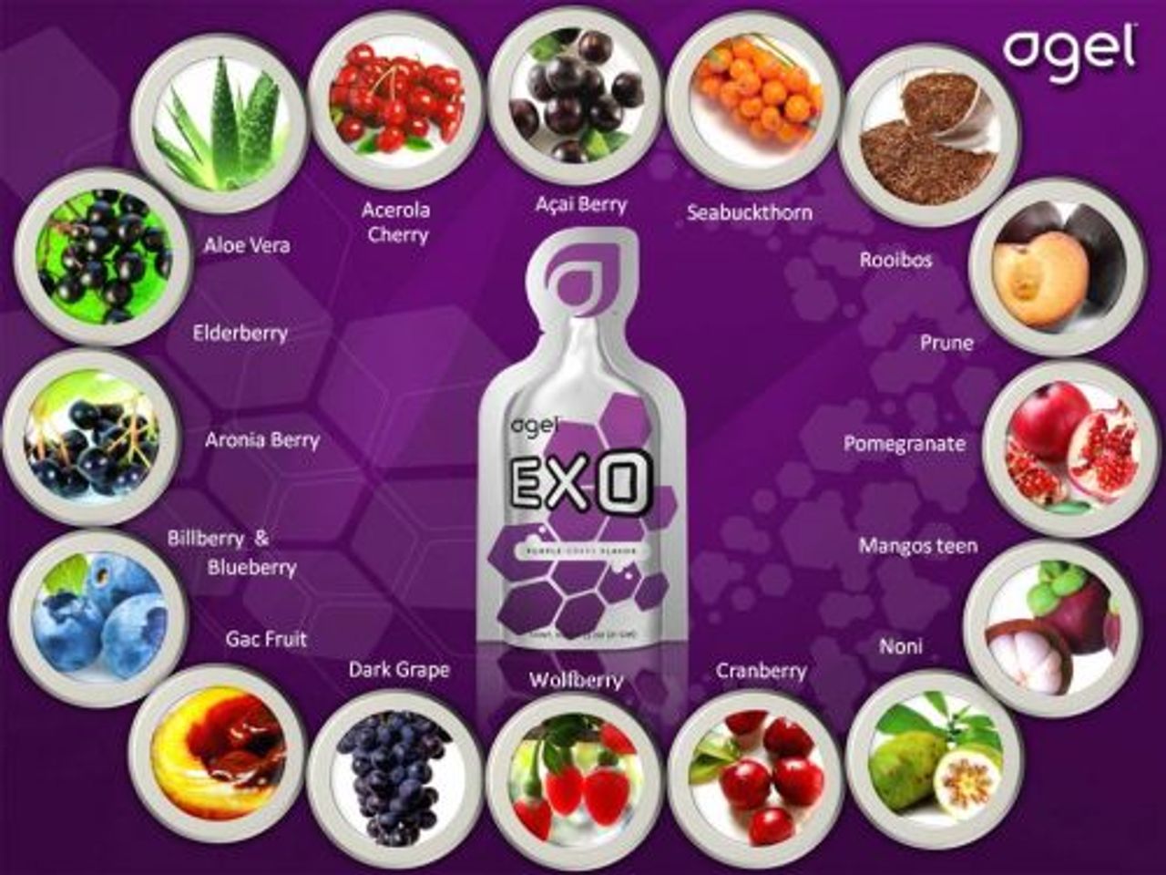 Agel EXO gel là sự kết hợp của 17 loại trái cây tự nhiên, cung cấp hơn 200 chất chống oxy hóa