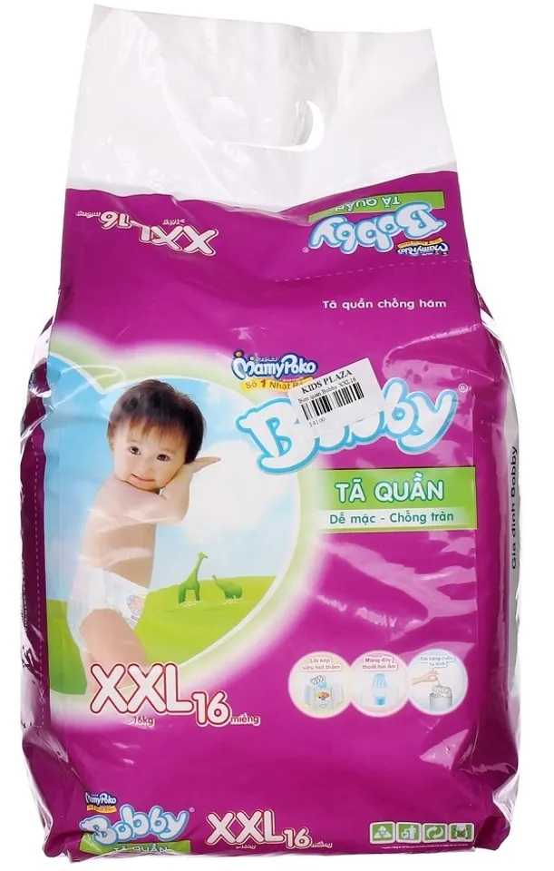 Bỉm Bobby XXL16 với tinh chất trà xanh thơm mát, giúp chống khuẩn và hăm cho bé