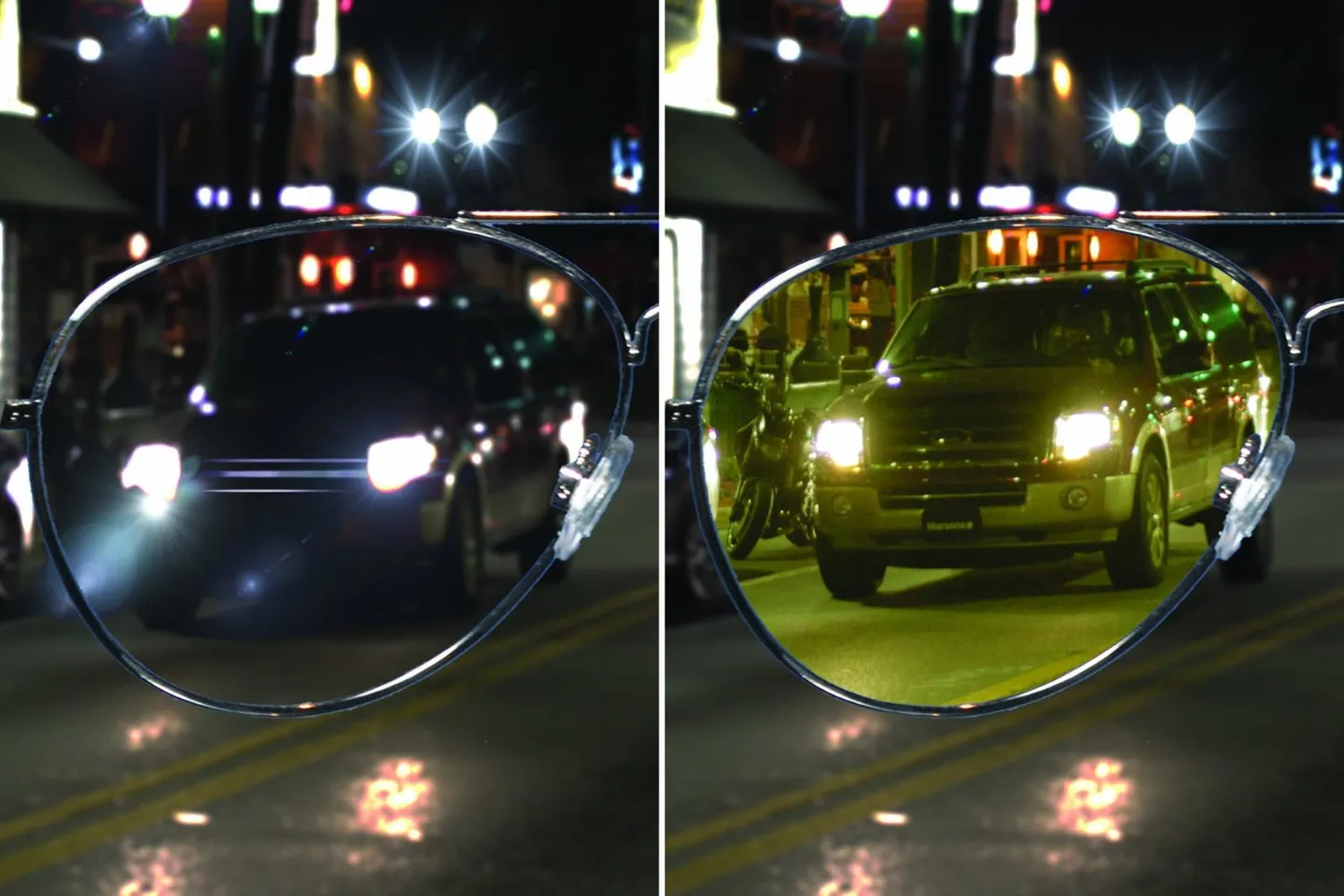 Hình ảnh qua chiếc kính xuyên đêm, giảm độ chói từ ánh đèn xe đối diện
