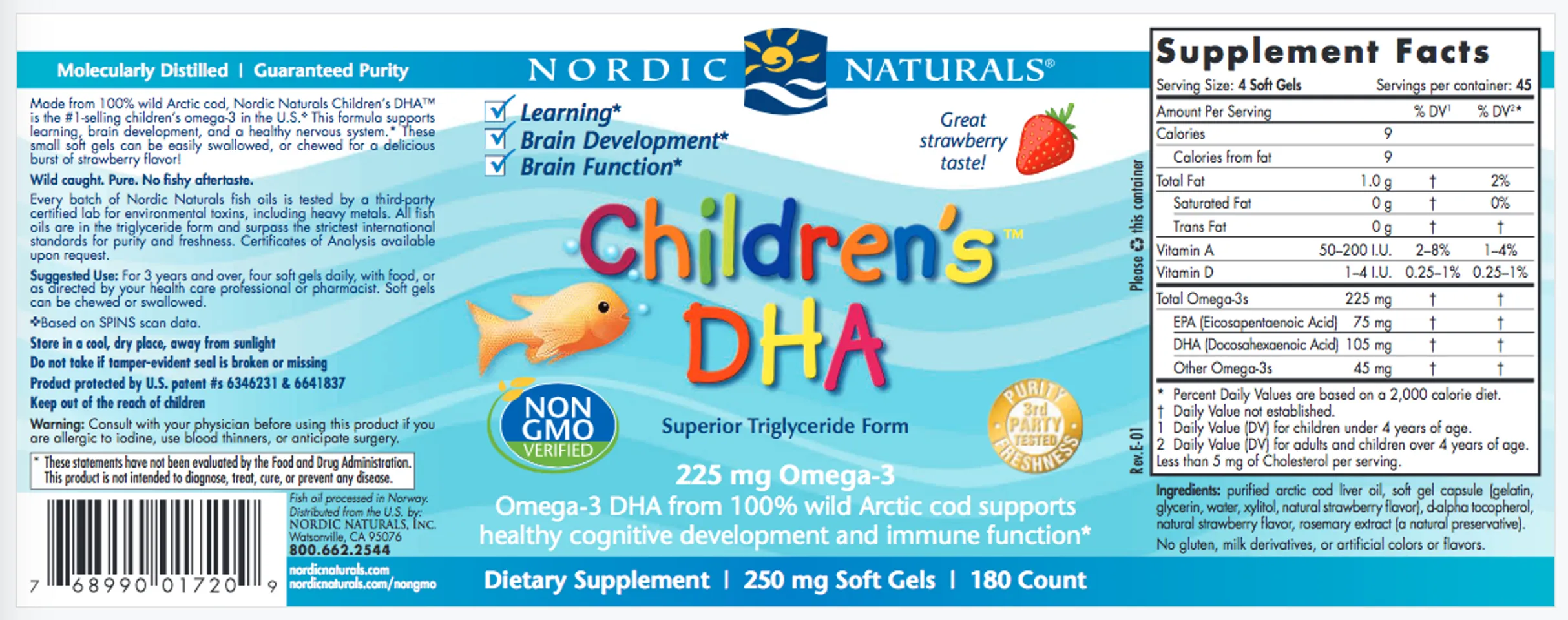 Nhãn sản phẩm Children's DHA Omega3 225mg hộp 180 viên của Mỹ