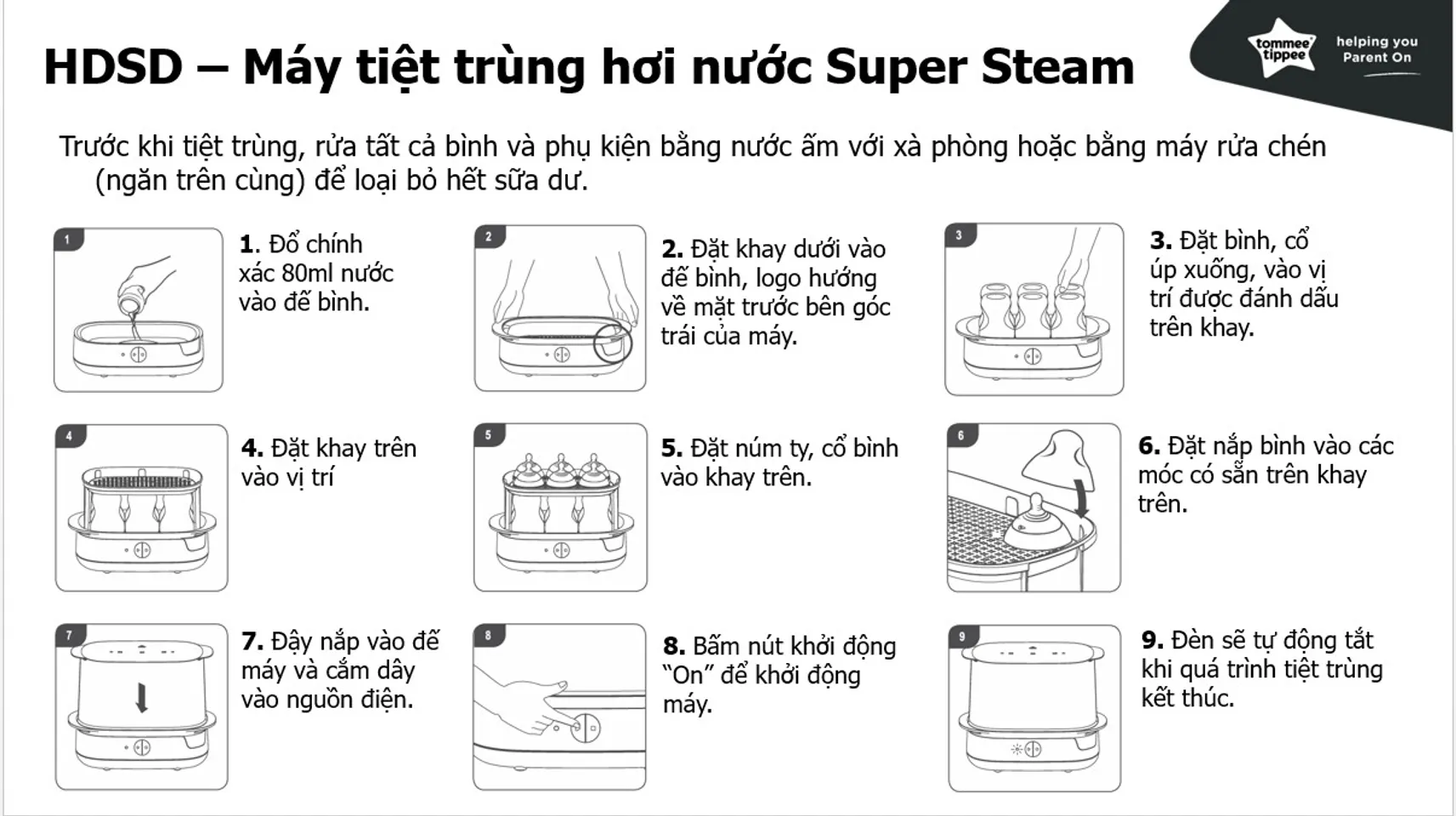Cách sử dụng Máy tiệt trùng hơi nước Tommee Tippee – Super Steam 