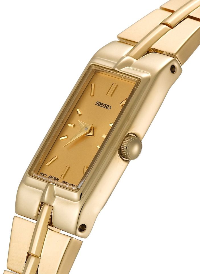 Đồng hồ Seiko Quarzt SZZC44 mặt chữ nhật thời trang dành cho nữ, nổi bật với tone vàng phù hợp với bất kỳ trang phục nào Hardlex bảo vệ bề mặt va đập cực tốt