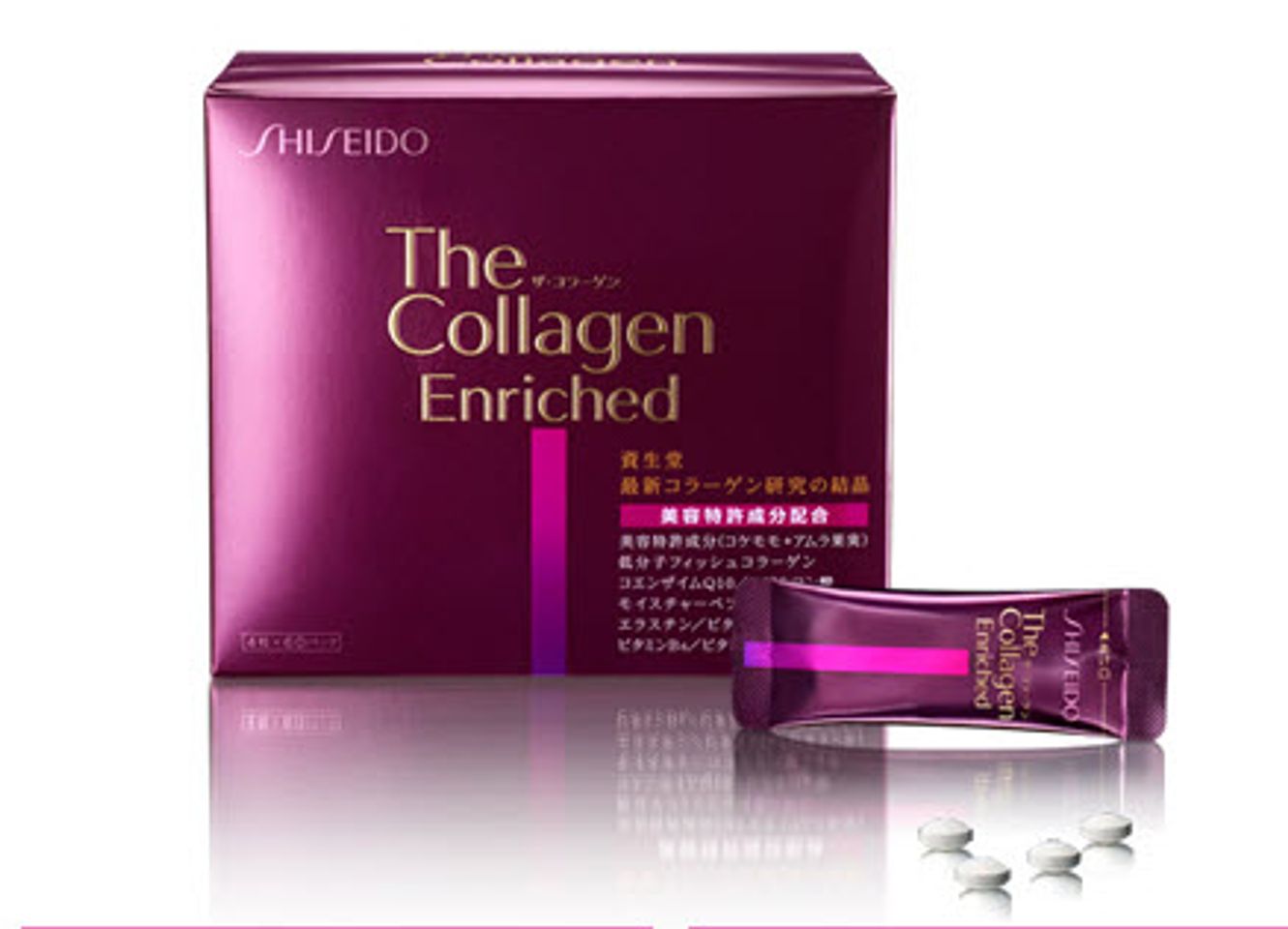 Viên uống Shiseido collagen enriched cung cấp lượng collagen cao nhất lên đến 1000 mg, cần thiết cho quá trình tái tạo và nuôi dưỡng da
