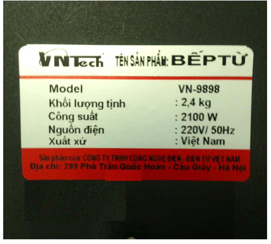 Các thông số kỹ thuật mặt sau của Bếp điện từ VNTech VN 9898 
