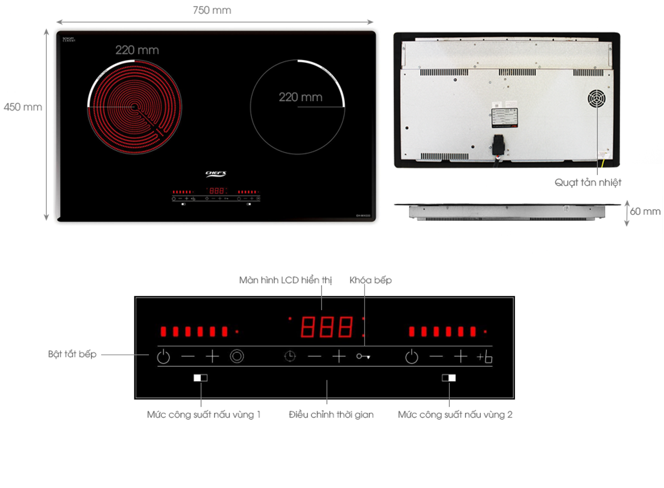 Bếp điện từ Chefs EH-MIX333 trang bị bảng thiết kế nhạy, dễ điều khiển
