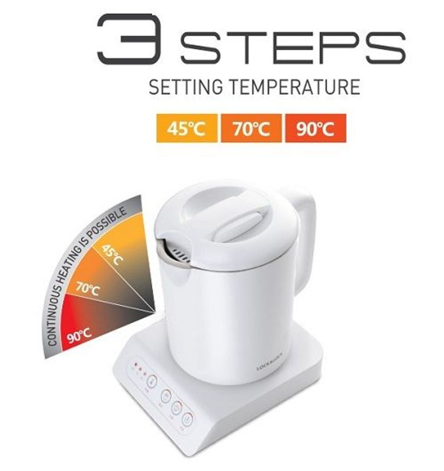 Ấm có 3 mức nhiệt độ: 45 độ C, 70 độ C và 90 độ C giúp bạn điều chỉnh dễ dàng
