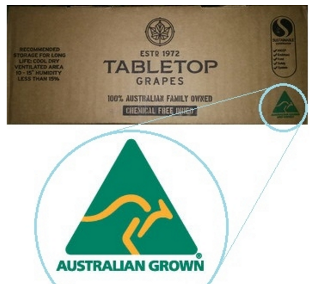 Thùng Nho khô nguyên cành TABLETOP – Úc với Logo Australian Grown màu xanh