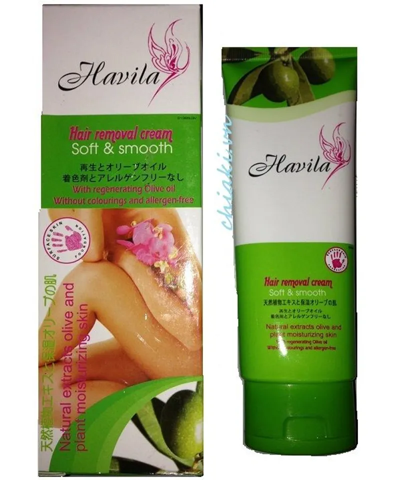 Kem tẩy lông của Nhật Bản Havila chứa tinh dầu ô liu giúp loại bỏ nhẹ nhàng các vùng lông nách, mặt, chân tay và bikini liner