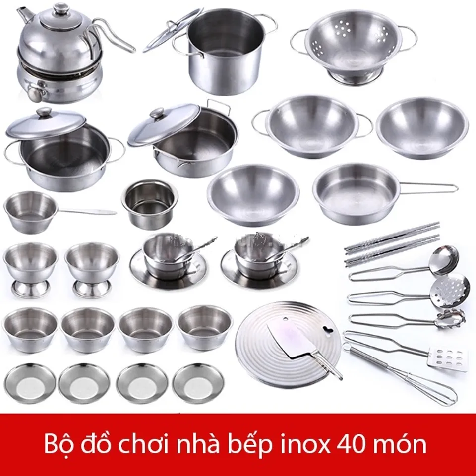 Bộ đồ chơi nấu ăn inox gồm 40 món dụng cụ nhà bếp quen thuộc