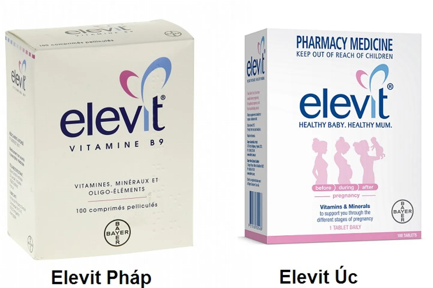 Elevit Pháp và Elevit Úc đều là 2 sản phẩm nổi tiếng của Bayer cho 2 thị trường Pháp và Úc