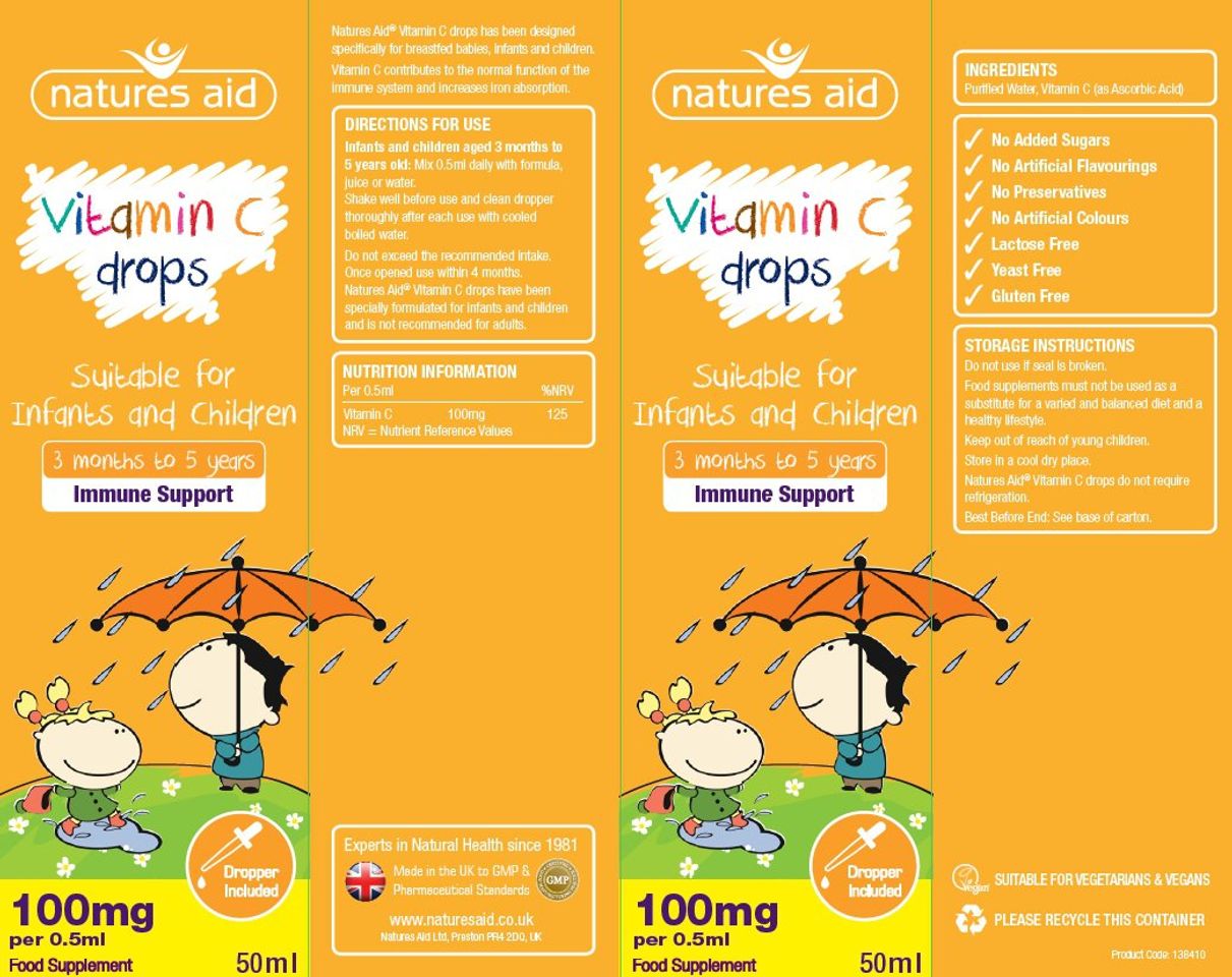 Nhãn sản phẩm Vitamin C dạng giọt Natures Aid cho bé từ 3 tháng tới 5 tuổi 50ml