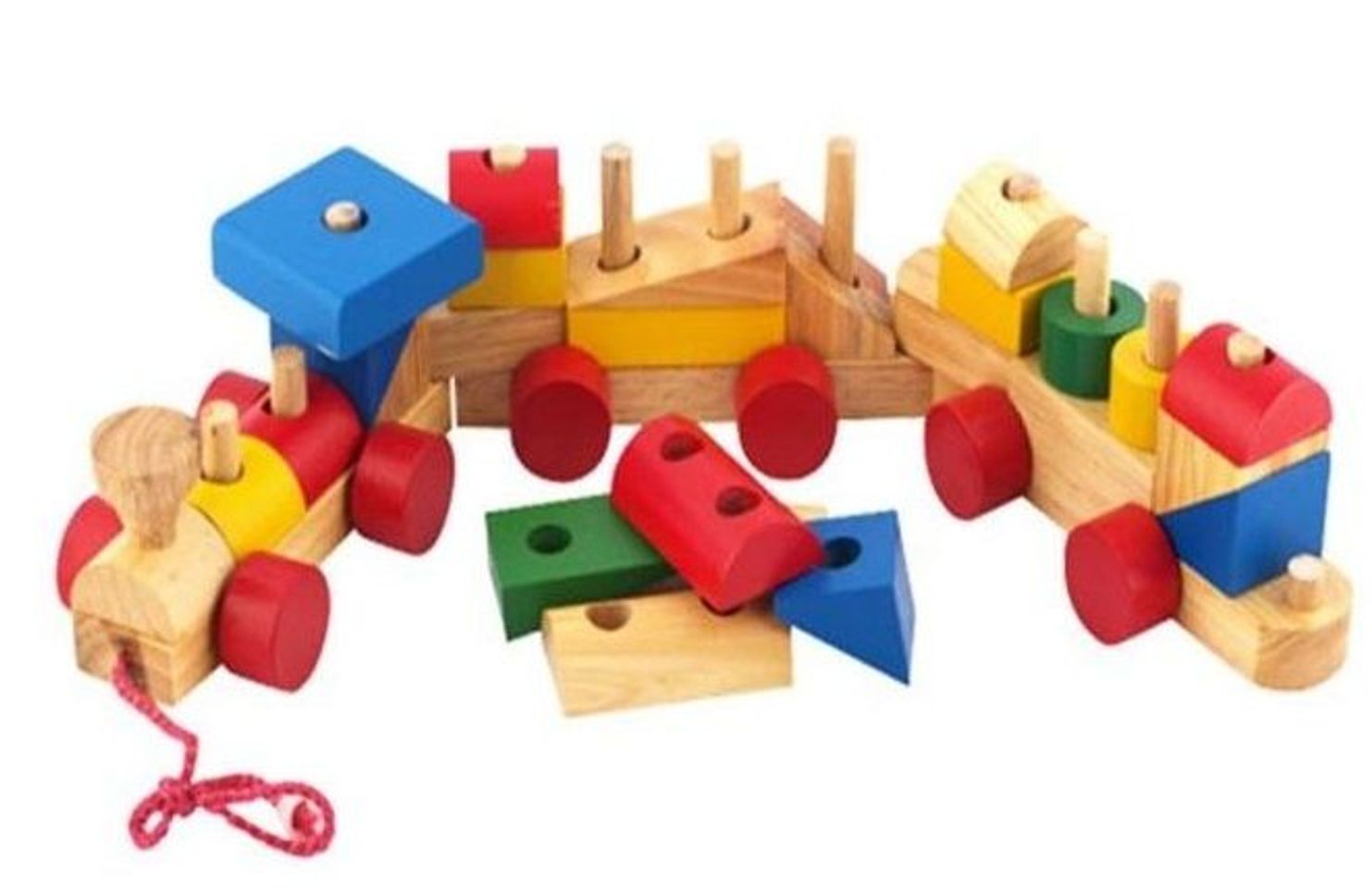 Đồ chơi gỗ xếp hình tàu hỏa gồm các chi tiết nhỏ nhiều màu sắc