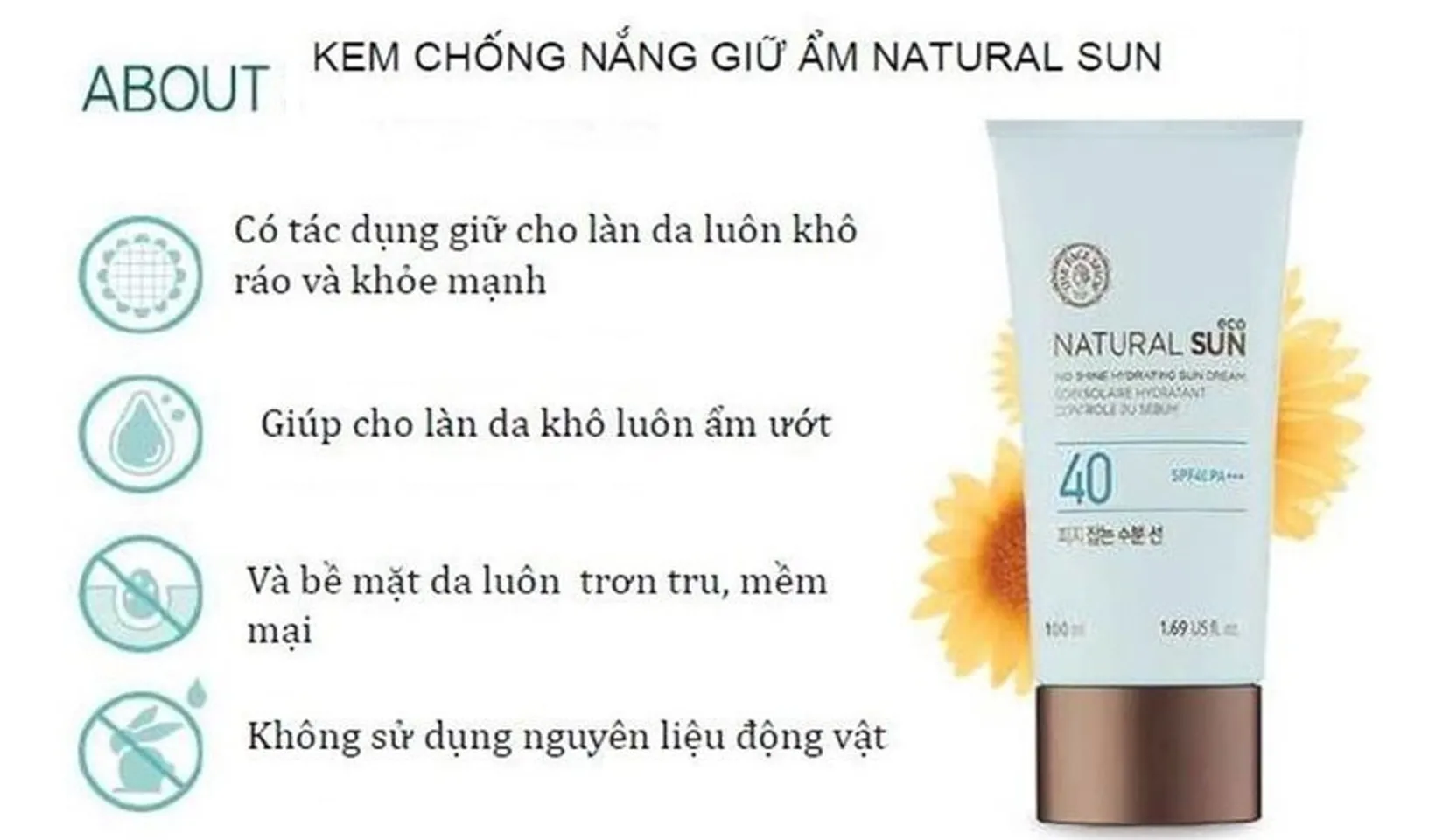 Kem chống nắng của The Face Shop Natural Sun Eco No Shine Hydrating Sun Cream SPF40 PA+++với 5000µg chiết xuất mầm hoa hướng dương, được chứng nhận bởi ECO-CERT