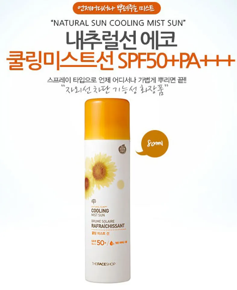 Xịt chống nắng The Face Shop Natural Sun Eco Cooling Spray Sun Spray Solaire Rafraichissant SPF50 chiết xuất thiên nhiên lành tính