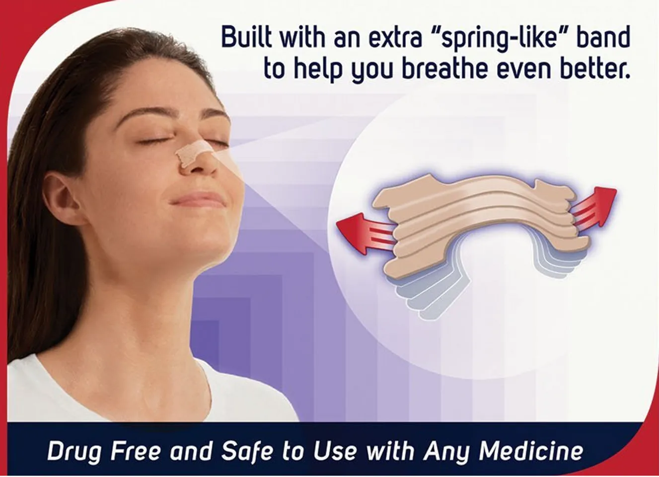 Miếng dán mũi Breathe Right không chứa dược phẩm, gồm 2 thanh cong nhẹ nhàng kéo mở hốc mũi 