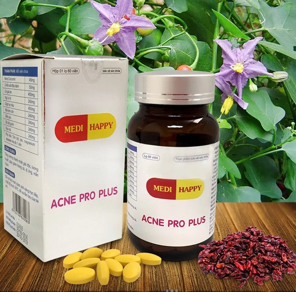 Viên uống trị mụn Medi Happy Acne Pro Plus chiết xuất từ thảo dược thiên nhiên có công dụng tốt trong việc hỗ trợ trị mụn