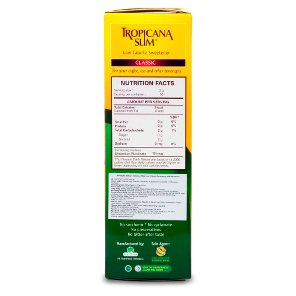Nhãn sản phẩm Đường ăn kiêng Tropicana Slim Sucraslose 100g 
