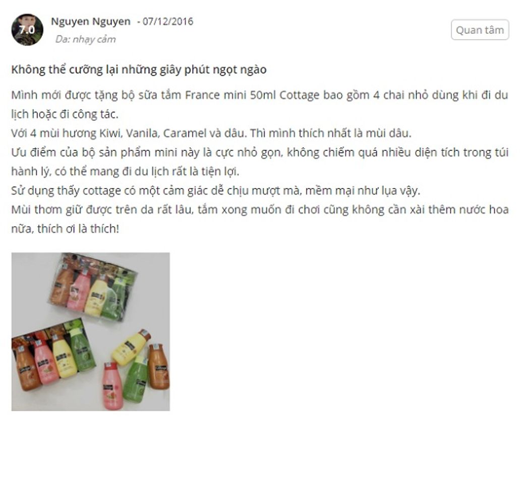 Phản hồi kh&aacute;ch h&agrave;ng sử dụng sữa tắm Cottage