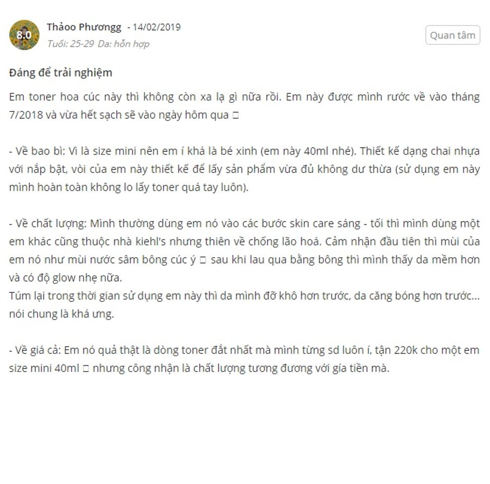 Phản hồi từ ph&iacute;a kh&aacute;ch h&agrave;ng sử dụng nước hoa hồng Kiehl's hoa c&uacute;c&nbsp;2