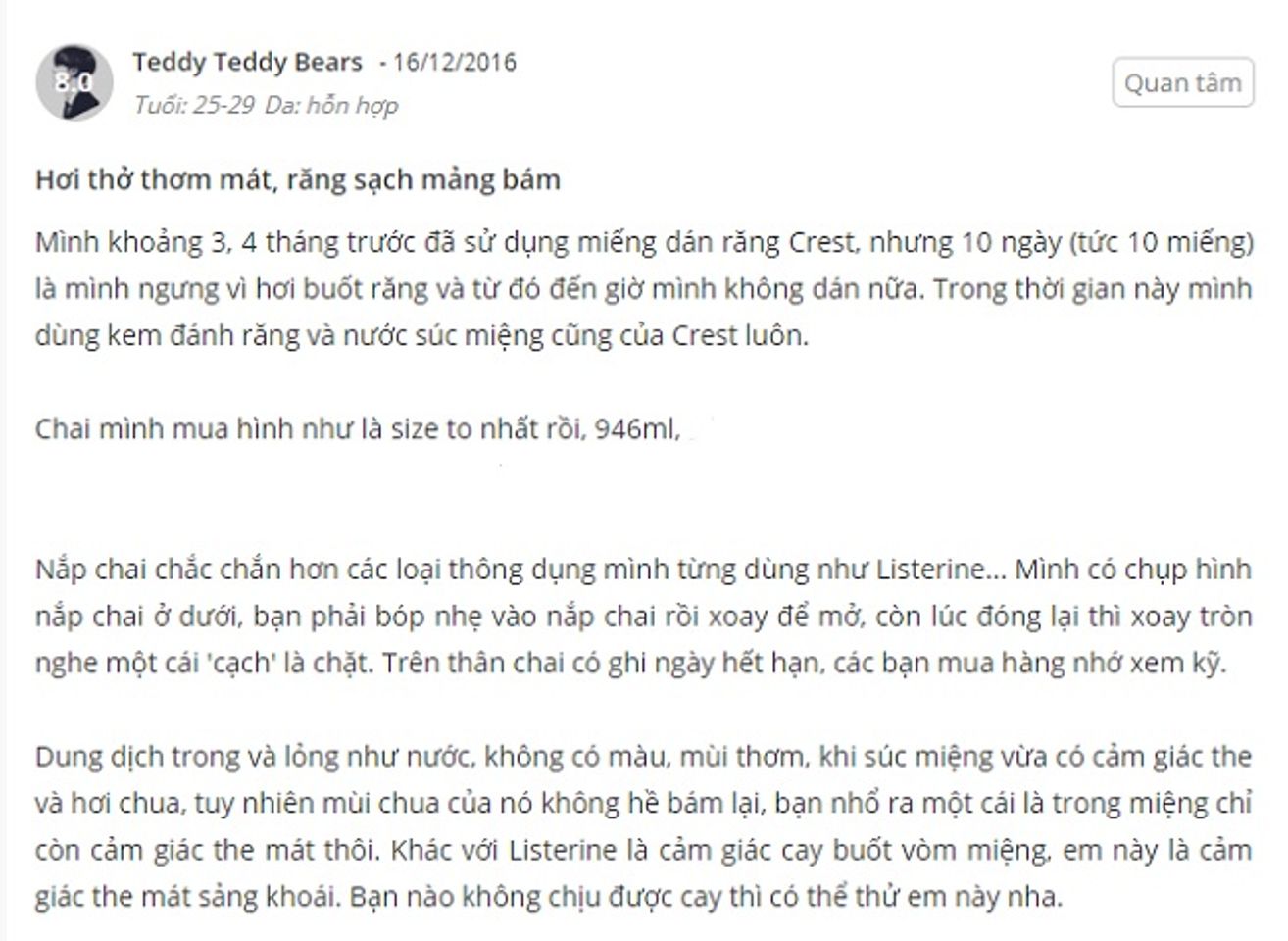 Phản hồi từ ph&iacute;a kh&aacute;ch h&agrave;ng sử dụng nước s&uacute;c miệng Crest 3D White 1