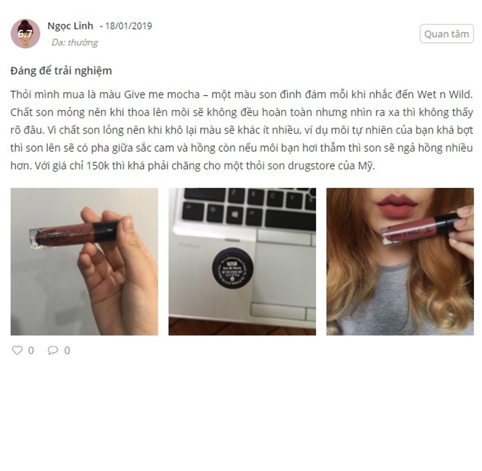 phản hồi từ ph&iacute;a kh&aacute;ch h&agrave;ng sử dụng son Give Me Mocha Wet n Wild 3