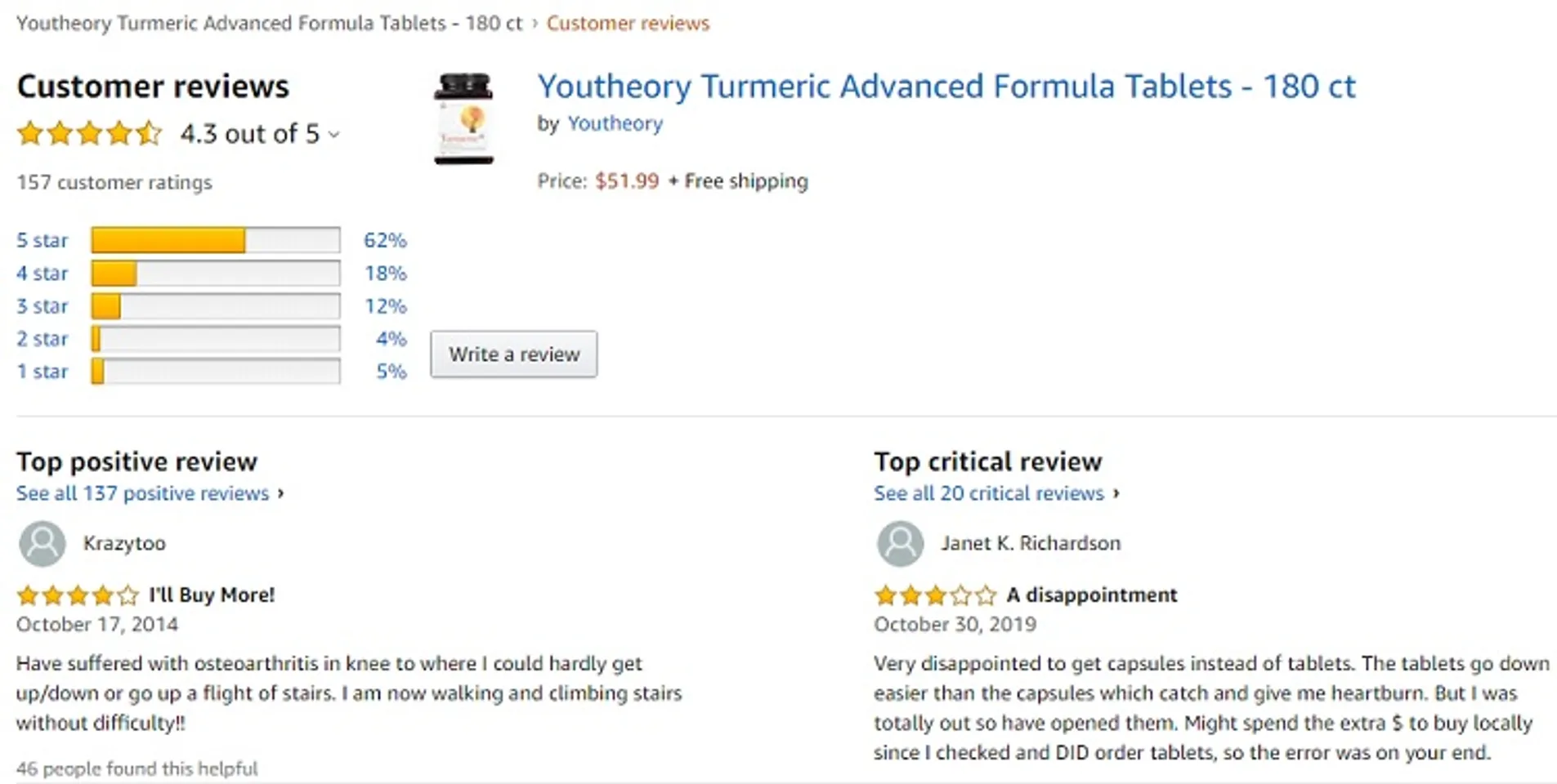 Phản hồi từ phía khách hàng sử dụng Viên uống tinh chất nghệ Youtheory Turmeric 3