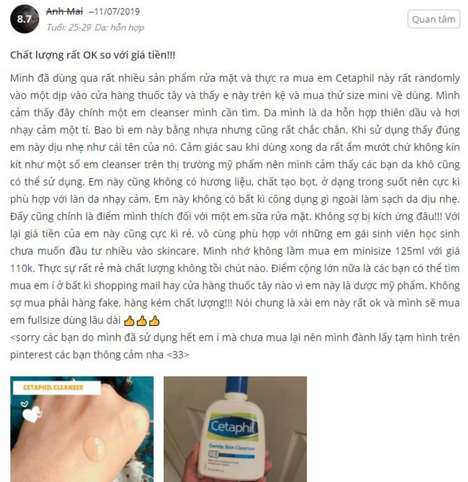 đ&aacute;nh gi&aacute; của chị em về sữa rửa mặt cetaphil cho da nhạy cảm