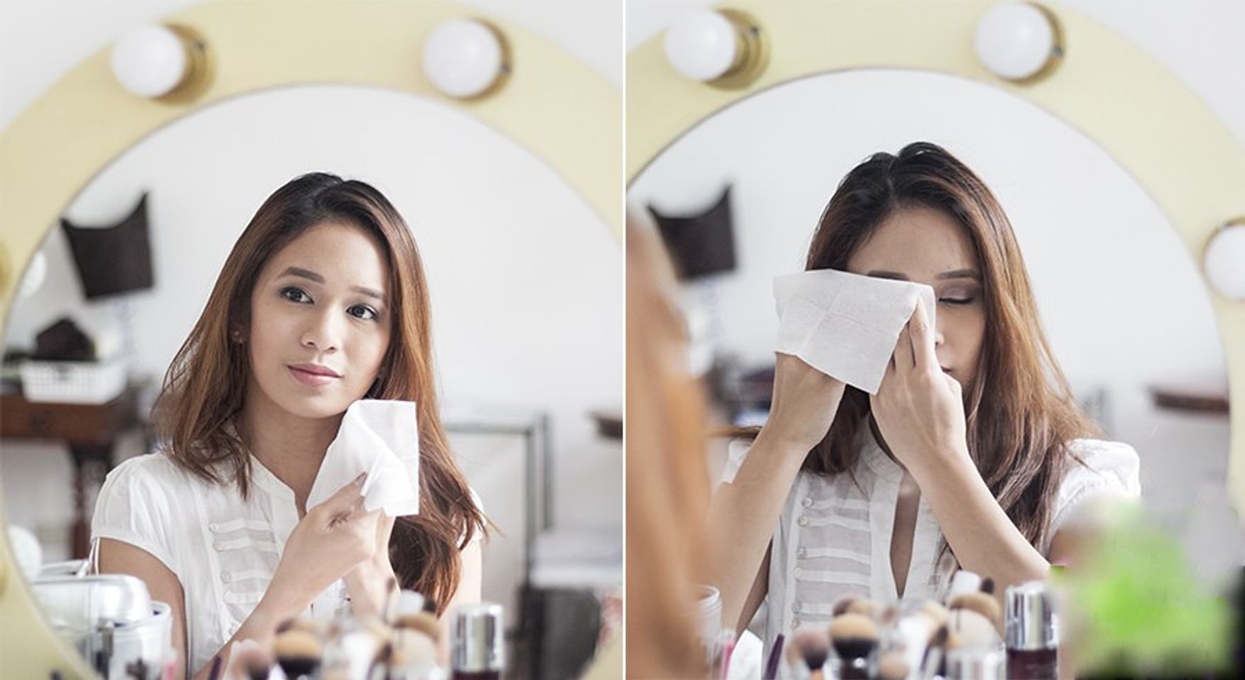C&aacute;ch tẩy trang khi kh&ocirc;ng c&oacute; nước tẩy trang được thực hiện với khăn ướt tẩy trang đ&oacute;ng g&oacute;i