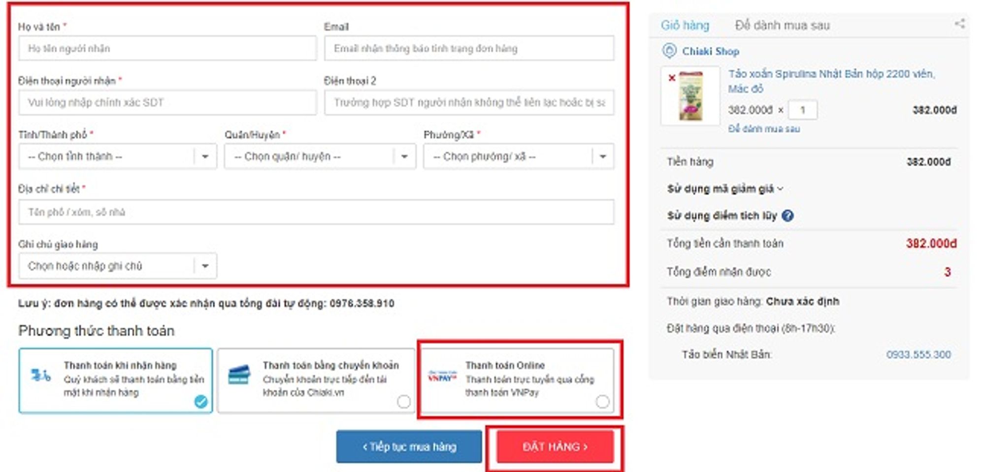 Đặt h&agrave;ng tại Chiaki.vn qua Vnpay