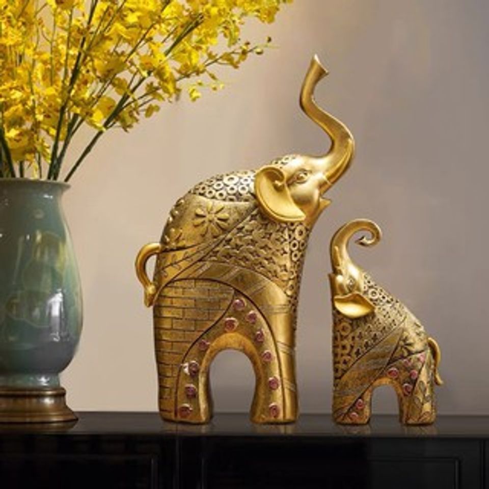 Cặp tượng voi vàng mẹ - con trang trí nội thất màu sắc sang trọng