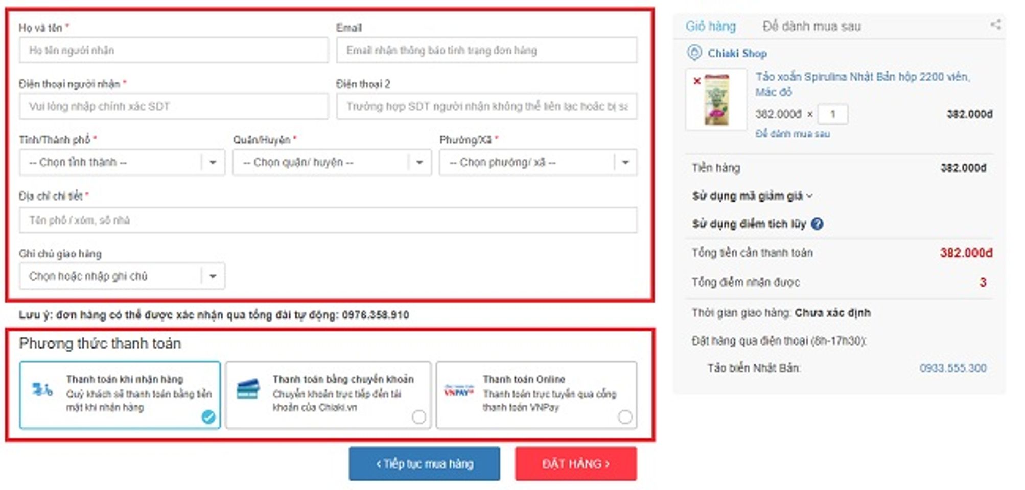 chọn thanh to&aacute;n bằng chuyển khoản tại chiaki