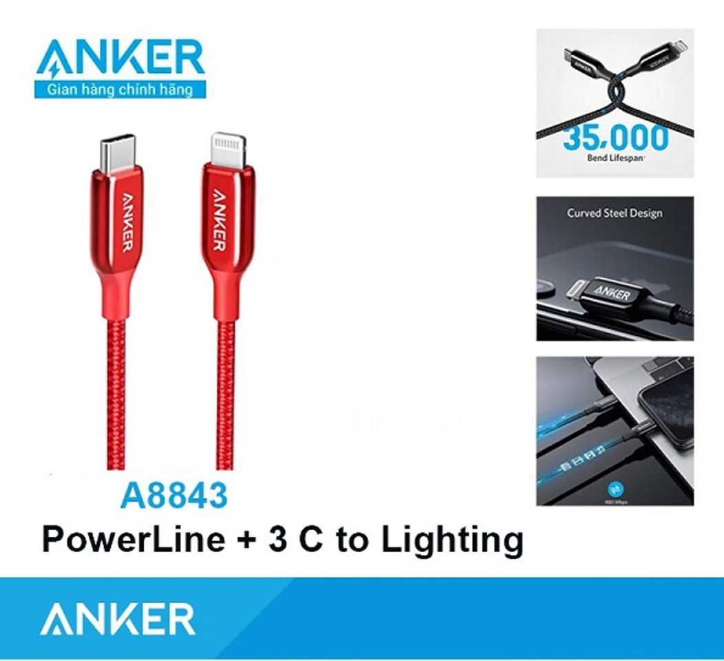 Cáp sạc nhanh Anker Type C Powerline+ III A8843 Lightning 1.8m chắc chắn 