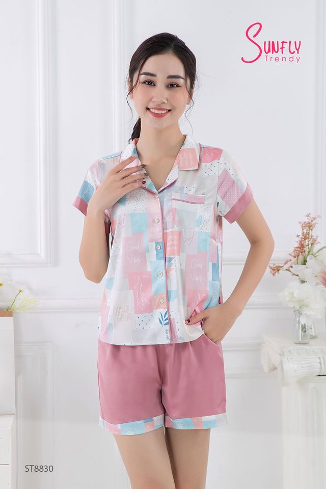 Bộ Pijamas Sunfly lụa ST8830 áo cộc quần sooc màu hồng