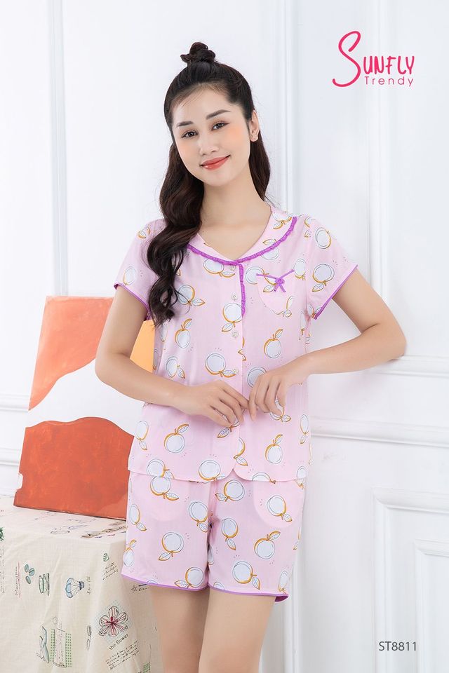 Bộ Pijamas Sunfly ST8811 vải lanh áo cộc quần đùi màu hồng