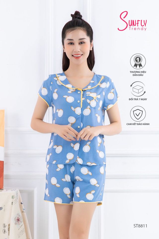Bộ Pijamas Sunfly ST8811 vải lanh áo cộc quần đùi màu xanh dương