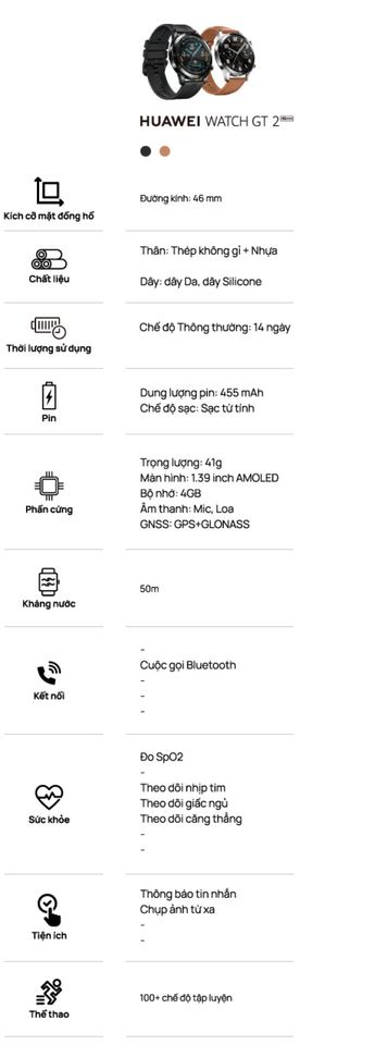 Bảng thông số và tiện ích đồng hồ Huawei Watch GT2 Kirin A1