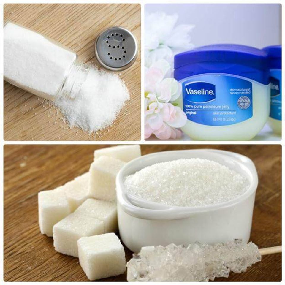 Tẩy tế b&agrave;o chết m&ocirc;i bằng vaseline + đường + muối