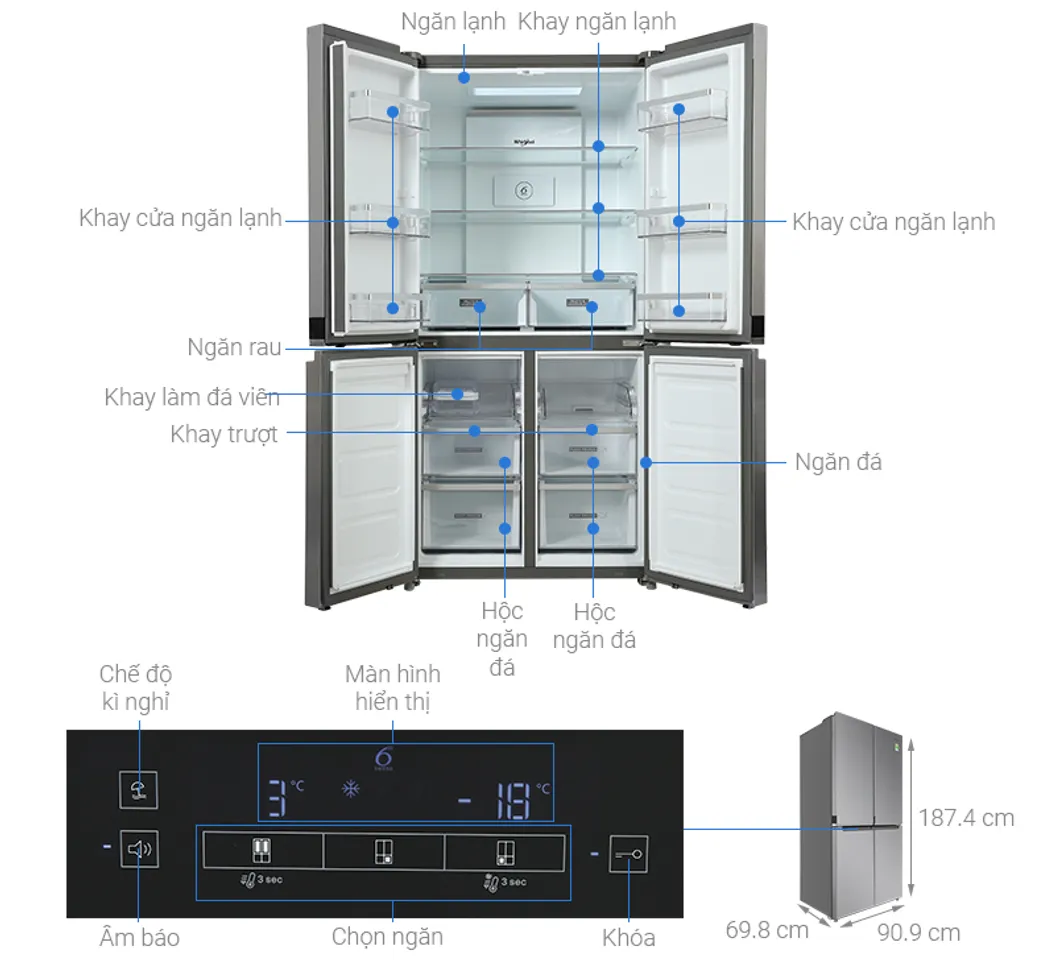 Thông số chi tiết tủ lạnh 4 cánh Whirlpool Inverter 594 Lít WFQ590NSSV