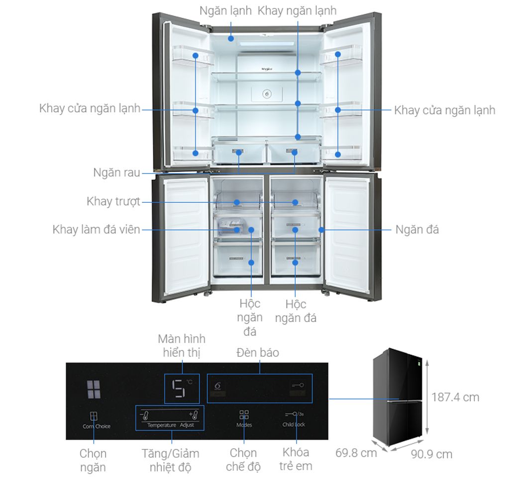 Thông số chi tiết tủ lạnh Whirlpool Inverter 4 cửa 594 Lít WFQ590NBGV