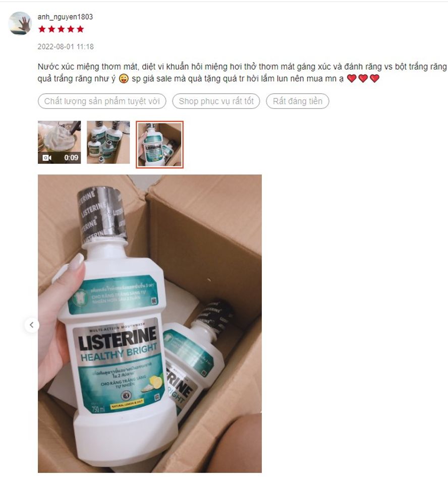 Đ&aacute;nh gi&aacute; nước s&uacute;c miệng Listerine HEALTHY BRIGHT