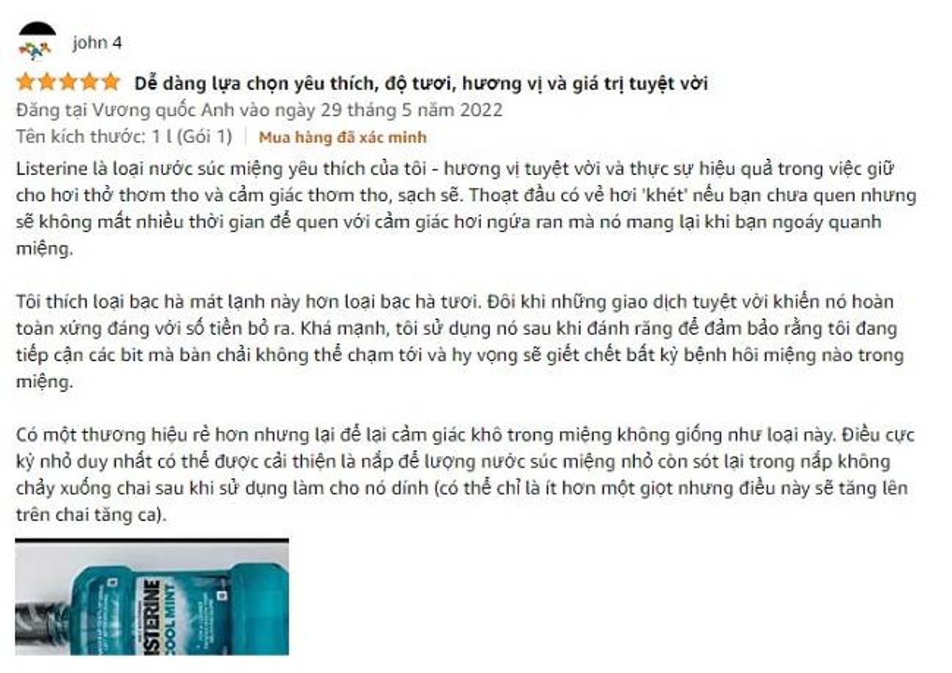 Sản phẩm nước s&uacute;c miệng Listerine được đ&aacute;nh gi&aacute; 5 sao tại Amazon
