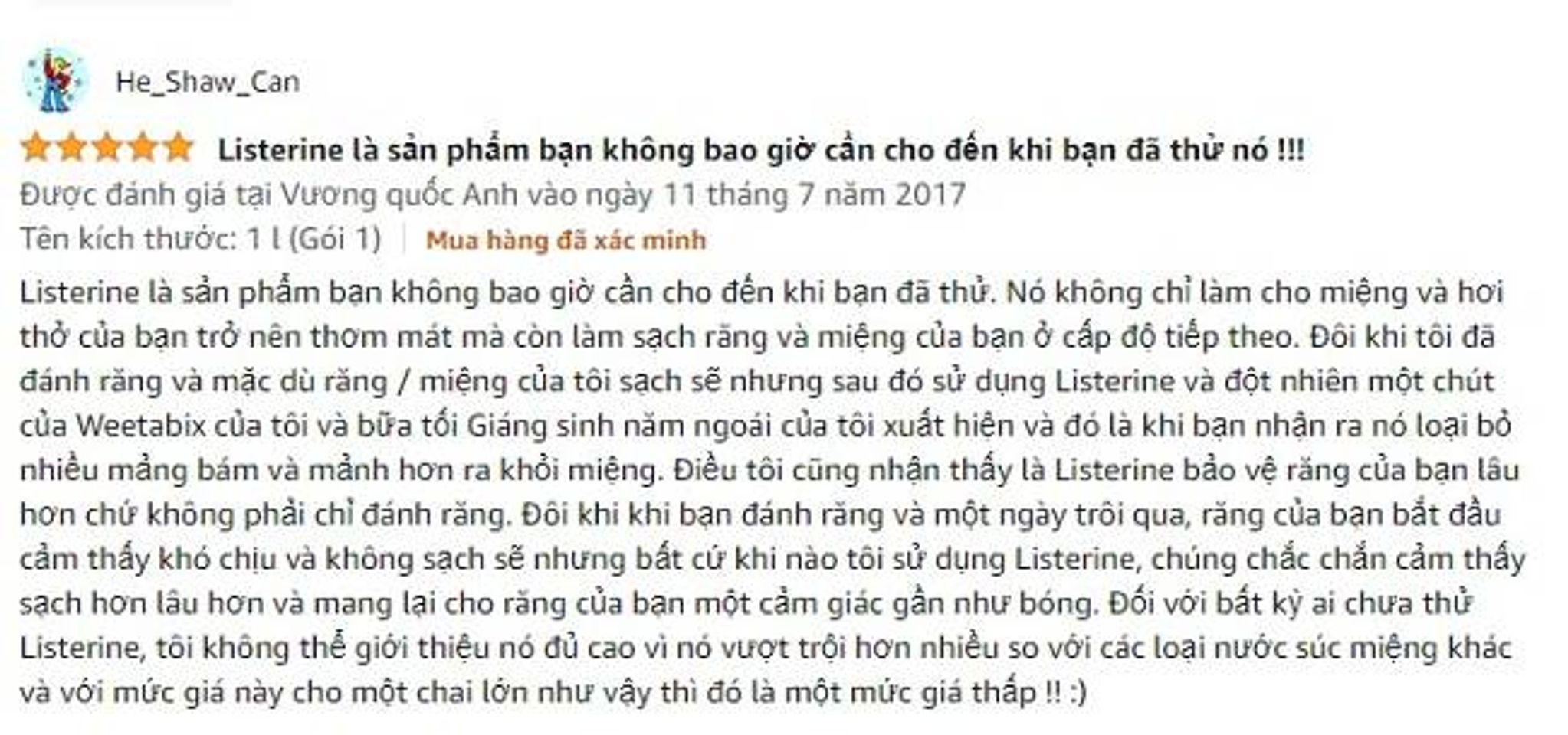 Sản phẩm nước s&uacute;c miệng Listerine cũng nhận được nhiều lời khen từ kh&aacute;ch h&agrave;ng thế giới tại Amazon