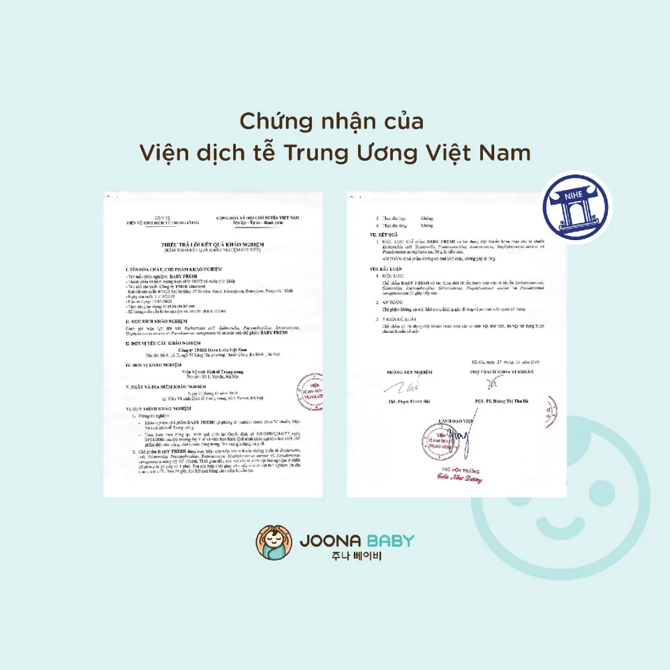 Xịt diệt khuẩn khử mùi Baby Fresh Joona Baby đạt chứng nhận của Viện dịch tễ Trung Ương Việt Nam
