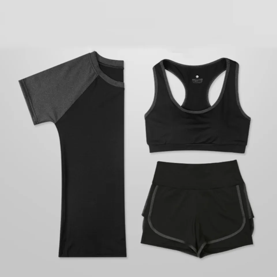 Bộ 3 món quần áo tập gym, yoga, thể thao nữ Amin AM007 màu đen